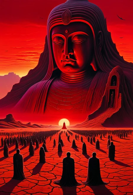 In a **Vintage Horror** painting set in **Sci-fi Environments**, hundreds of people struggle to pull a massive, weathered wooden Buddha statue across a vast, desolate black soil desert. The crowd, composed of small figures, toils in eerie synchronization, their faces shadowed under a blood-red sky. The overall scene is drenched in the foreboding red theme, with the **Bright red glare** ominously shining from the top right corner of the frame, casting long, sinister shadows across the cracked earth. The tension between the ancient, sacred statue and the harsh, futuristic desert environment adds a surreal, haunting atmosphere to the scene, amplifying the horror in its stillness.