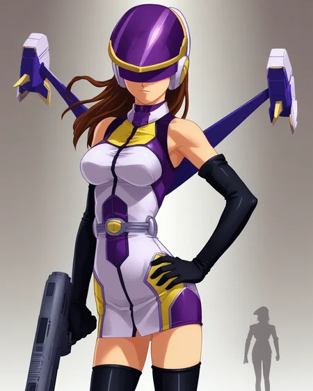score_9, score_8_up, score_7_up,1girl,  solo,  source_anime, 2000's anime screencap, highres  <lora:EDF_palewing_pdxl:1> palewing_armor, gold trim purple and white halter dress, black elbow gloves, black thighhighs, palewing_helmet, purple jetpack, visor down, covered eyes, brunette hair, long hair, standing, laser rifle, cover art, hand on hip