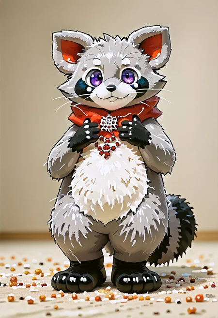 zuppu11, full body, solo, furry, score_9, score_8_up, look at viewer, male focus, no humans, furry male, flux-style, detailed eyes, rambley raccoon, flx$tyl3