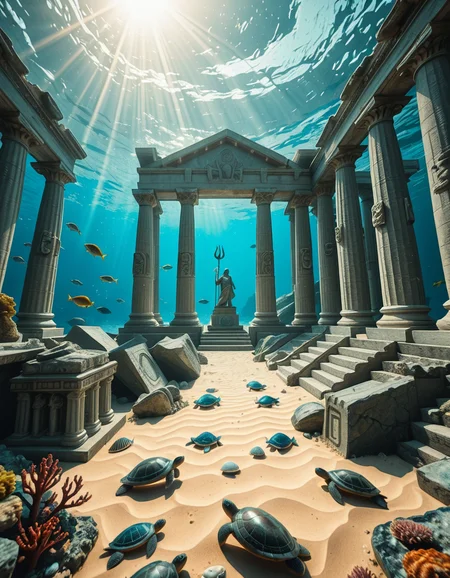 An ancient underwater Temple of Poseidon, partially buried in sand and coral at the bottom of the Aegean Sea. Massive marble columns, some broken, others still standing, encrusted with seashells and marine life. Soft sunlight filtering through the ocean surface above, casting shimmering rays over the temple ruins. Colorful fish and sea turtles swimming peacefully around. The atmosphere is mystical and serene, with a bluish-green hue dominating the scene. A statue of Poseidon with a trident stands at the center of the temple, covered in algae and marine growth. Realistic style, high detail, cinematic lighting, wide-angle view.
<lora:SDXLFaeTastic2400:0.4> <lora:extremely_detailed:0.4> extremely detailed,underwater Temple of P0s31d0n, <lora:underwater_Temple_of_P0s31d0n-i:1>, Masterpiece,best quality,hi res,8k,hi res,8k,award winning,(sharp focus, intricate, highly detailed),