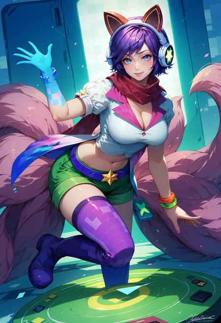 score_9, score_8_up, score_7_up, 1girl, Ahriarcade, animal ear headphones, facial mark, mole under eye, fox tail, multiple tails, short hair, purple hair, blue eyes, blue hand, large breasts, red scarf, short sleeves, striped clothes, shirt, cleavage, bracelet, jewelry, midriff, navel, belt, shorts, thighhighs, asymmetrical legwear, single thighhigh, star (symbol), purple boots, <lora:AhriAllInOne_pdxl_Incrs_v1:1>, seductive smile,