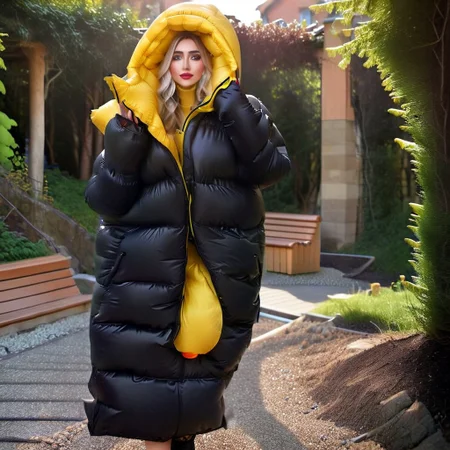 full view of hyper realistic front very cute  stuning european blond very curvy women wearing a yellow ((extra_puffy_adjusted_long_strait_closedo_jacket))  ((ultra_long_puffy_stait_skirt)) ((extra_puffy_down_hood)) ((fully_down_hooded)) ((very_high_down_collar)) ((down_glove)) ((down_puffer_boots)) 
,slim downcoat,closed coat, ball_gag, 
long_legs, long_sleeves,  dress, high_strait_neckbrace, medical_neckbrace, lips, hand_fan, dress, beach,  walking, daytime, sun, sunlight,
<lora:Puffer_Jacket_and_Down_Jacket_-_Extra_Puffy_Jackets:0.9>
 <lora:VictorianBustleDress:0.6><Lora:Parkasite-XL:1.0
