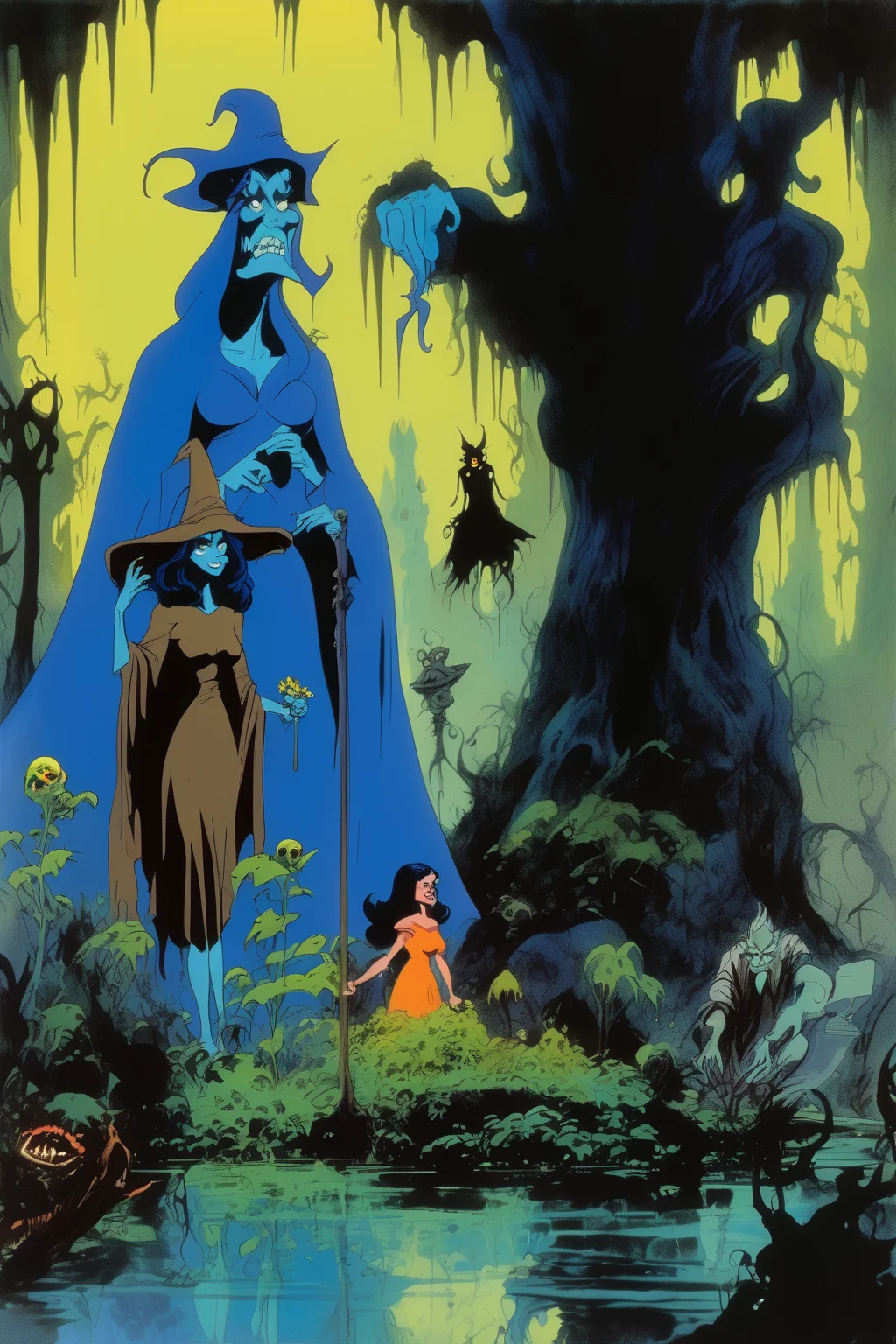 <lora:Ralph Bakshi Style:1>Ralph Bakshi Style - ralph bakshi movie about a blue flower and a swamp witch and evil librarian