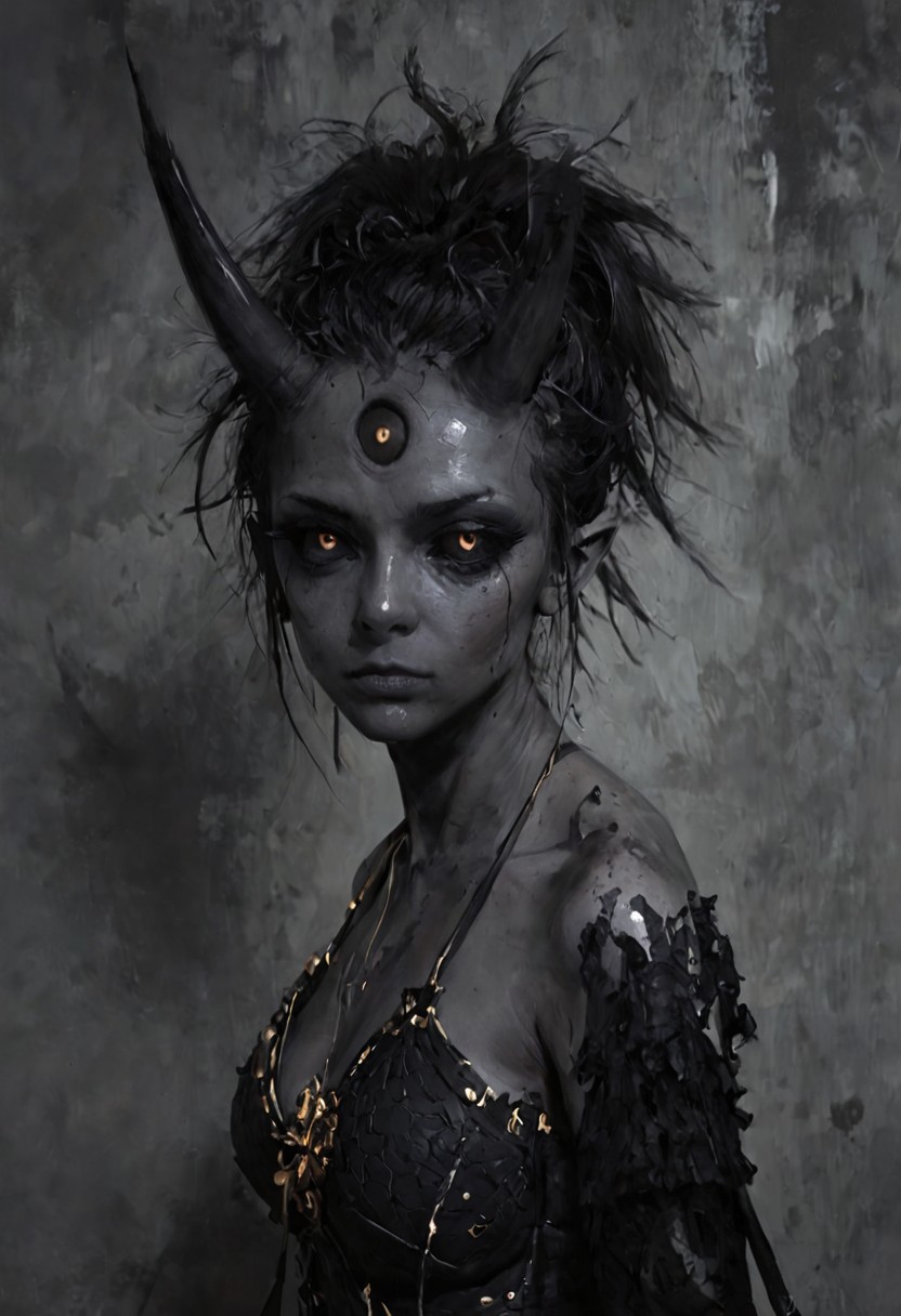score_9, score_8, score_7, score_6, (masterpiece), best quality, expressive eyes, perfect face, ((te'kharoth, third eye), tail, horns), spiky hair, messy hair, ponytail hair, thick hair, black hair, black sclera), 1girl, gold eyes, wings, BREAK, armor, line under eyes, Oil Painting