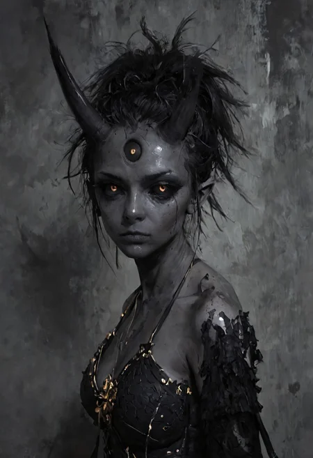 score_9, score_8, score_7, score_6, (masterpiece), best quality, expressive eyes, perfect face, ((te'kharoth, third eye), tail, horns), spiky hair, messy hair, ponytail hair, thick hair, black hair, black sclera), 1girl, gold eyes, wings, BREAK, armor, line under eyes, Oil Painting