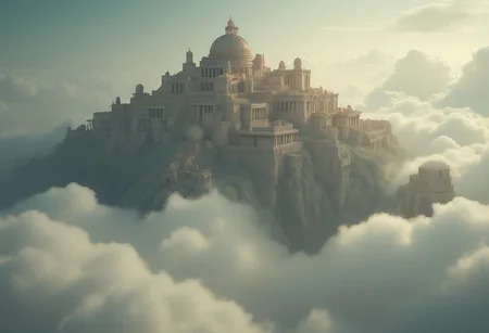 HIGHLY DETAILED[(an ancient CITY in the clouds,a dream world shifting landscapes, and ethereal creatures, Captured with a Hasselblad X2D 100C and an 80mm f/1.9 lens, hyper-realistic textures, soft studio lighting, elegant shadows, styled for a Vogue beauty editorial, incredible realism, creamy bokeh, ultra-detailed textures, perfect lighting],