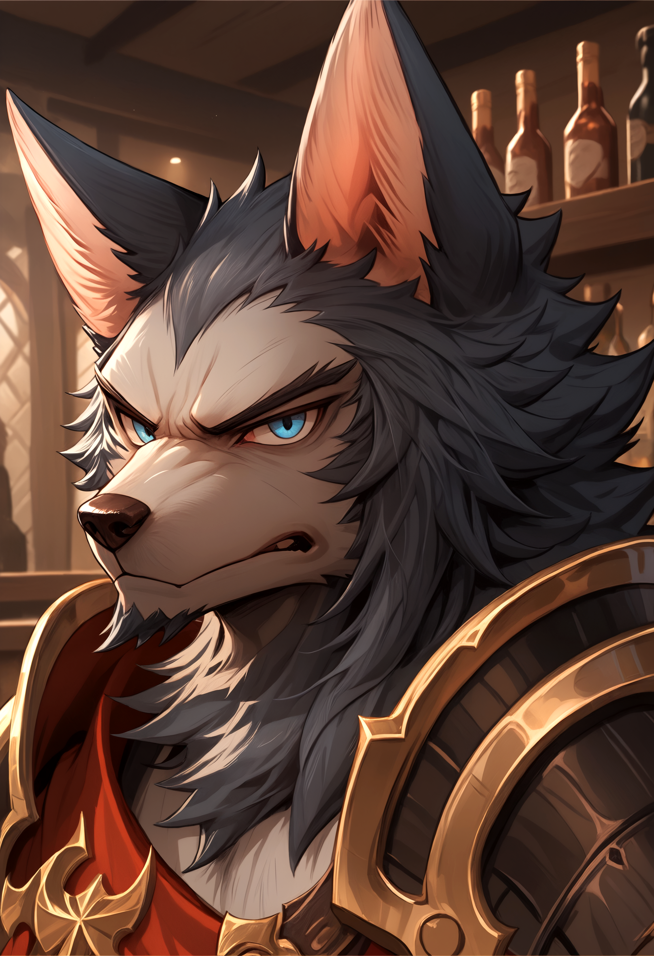 score_9, score_8_up, score_7_up, 8k, detailed design, detailed background, detailed characters, masterpiece, anthro only, furry only, solo, 1boy,  <lora:Tydus-000001>, tidus (afk), 1boy, grey fur, animal ears, blue eyes, wolf boy, close up, looking at viewer, angry, closed mouth, armor,  inside, bar,
