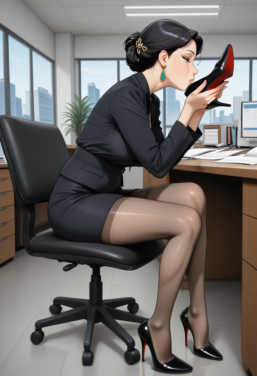 high heels, outdoors, shoes removed, feet, thighhighs, hair ornament, sniffing heels, pantyhose, earrings, office, sitting on the chair, desk, holding heels to face, indoors, anime style,