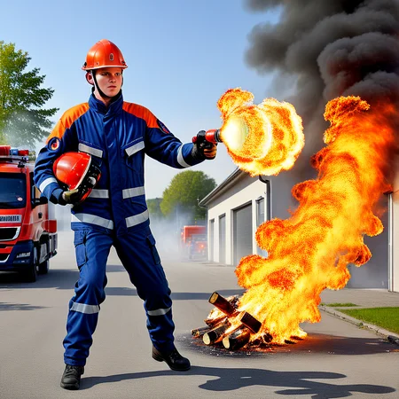 a jugendfeuerwehr man throws fireballs, photorealistic <lora:Jugendfeuerwehr:1> <lora:add_detail:1>