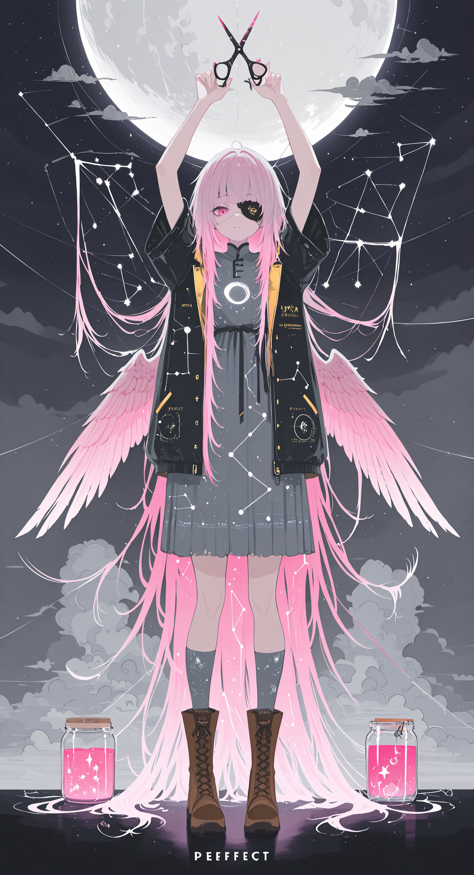 masterpiece, best quality, good quality, very awa, newest, highres, absurdres, 1girl, solo, long hair, looking at viewer, dress, holding, very long hair, standing, jacket, full body, pink hair, multicolored hair, short sleeves, boots, open clothes, wings, sky, shoes, socks, cloud, english text, open jacket, coat, arms up, gradient hair, brown footwear, moon, eyepatch, cloudy sky, star \(sky\), feathered wings, bird wings, grey dress, scissors, jar, constellation, grey socks, constellation print, holding scissors, thread, cutting hair, zodiac, limited palette, h4ra_illu <lora:illustriousXL_stabilizer_v1.23:0.3> <lora:NOOB_vp1_detailer_by_volnovik_v1:0.3> <lora:ponyv6_noobE11_2_adamW-000017:0.3> <lora:114558v4df2fsdf5:0.6> <lora:XXX667:0.4> <lora:mon_monmon2133:0.5> <lora:hara_id_21:0.6>