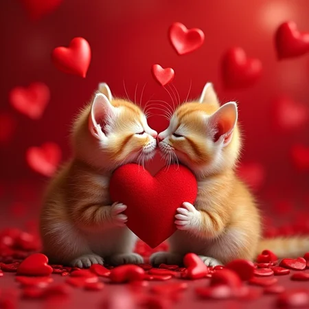 Two adorable red kitten made of red hearts looking themselves, hyper-detailed