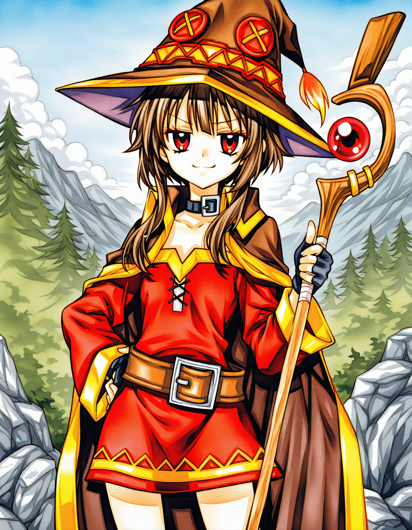 1girl,<lora:ribbon_style> ,outdoors,holding staff, cowboy shot,safe,smug,jitome,, watercolor \(medium\),megumin,, dramatic angle,from_side,