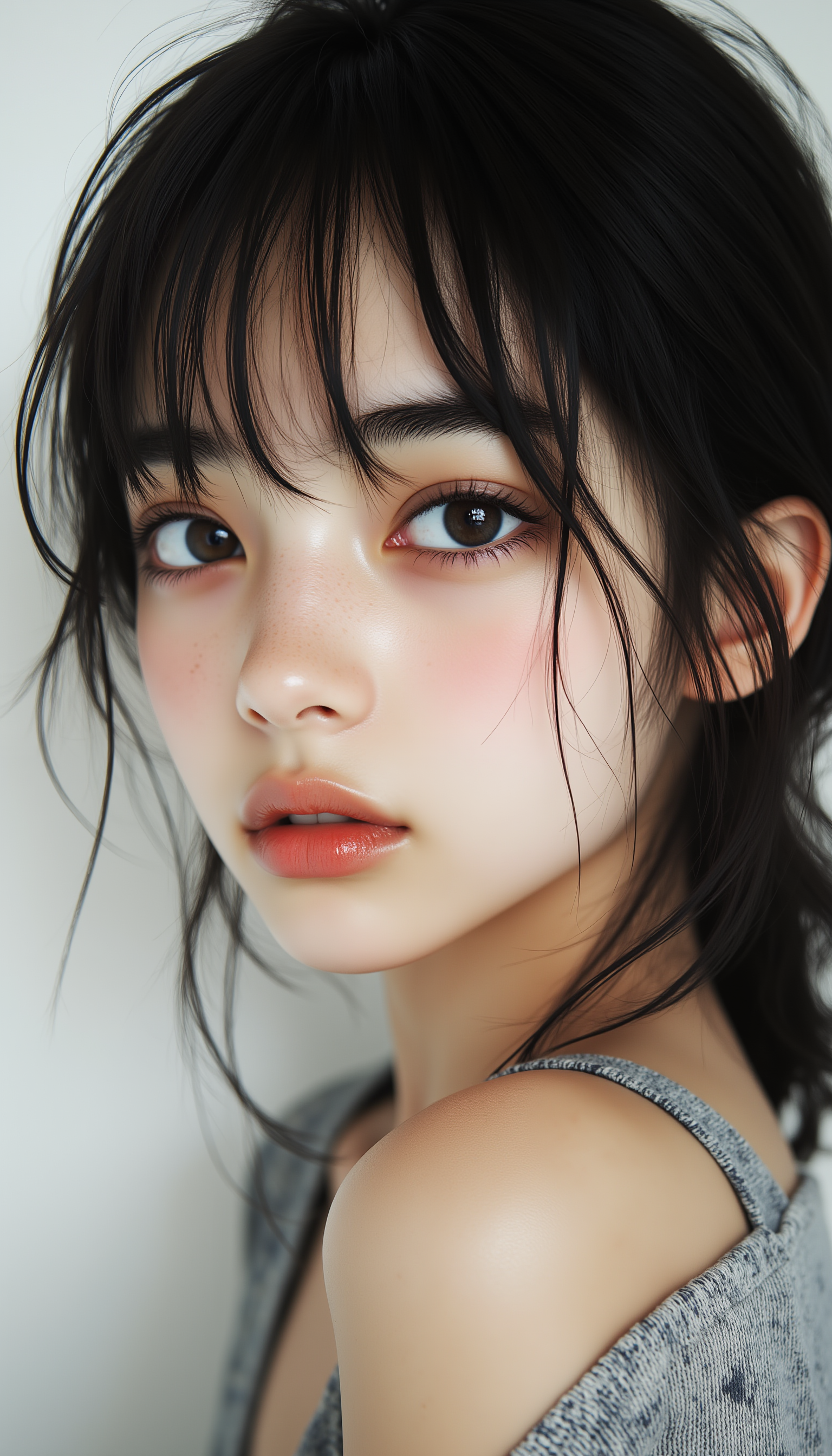 midjourney_whisper_innocent_eyes, beautiful teenage Japanese girl, expressive innocent eyes, undeniable inner strength, perfectly proportioned face, model-like features, natural beauty, minimal makeup, youthful charm, simple background, captivating gaze, understated stylish outfit, elegance and poise, <lora:midjourney_whisper_innocent_eyes_v01:1>,