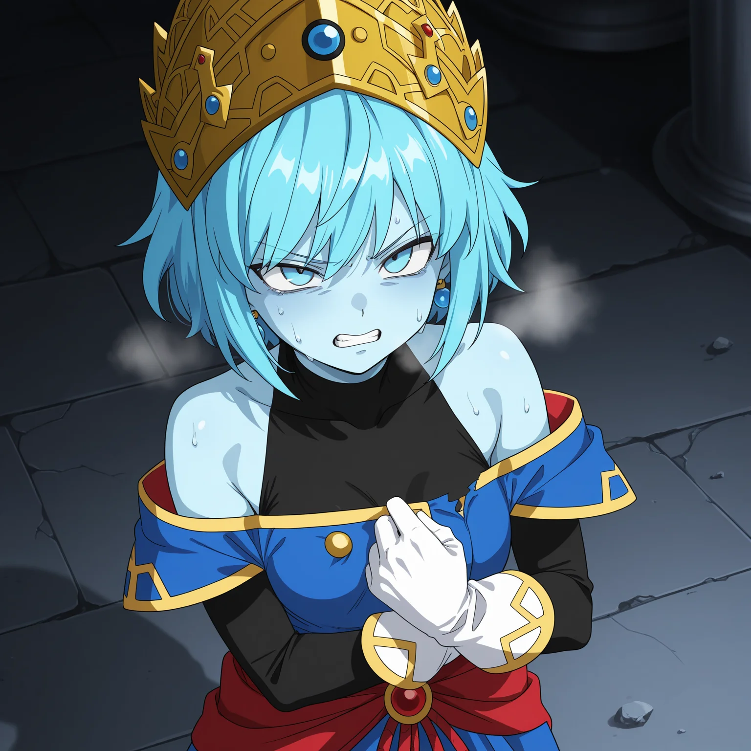 masterpiece, best quality, amazing quality, anime screencap, 1girl, solo, standing, upper body, torn clothes, defeat, sweat, annoyed, clenched teeth, heavy breathing, <lora:AeosDB:0.9>, aeosDB, blue hair, short hair, blue eyes, blue skin, small breasts, earrings, crown, black undershirt, bare shoulders, blue off-shoulder coat, black baggy pants, white gloves, white boots,