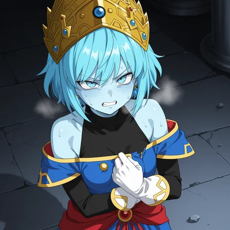 masterpiece, best quality, amazing quality, anime screencap, 1girl, solo, standing, upper body, torn clothes, defeat, sweat, annoyed, clenched teeth, heavy breathing, <lora:AeosDB:0.9>, aeosDB, blue hair, short hair, blue eyes, blue skin, small breasts, earrings, crown, black undershirt, bare shoulders, blue off-shoulder coat, black baggy pants, white gloves, white boots,