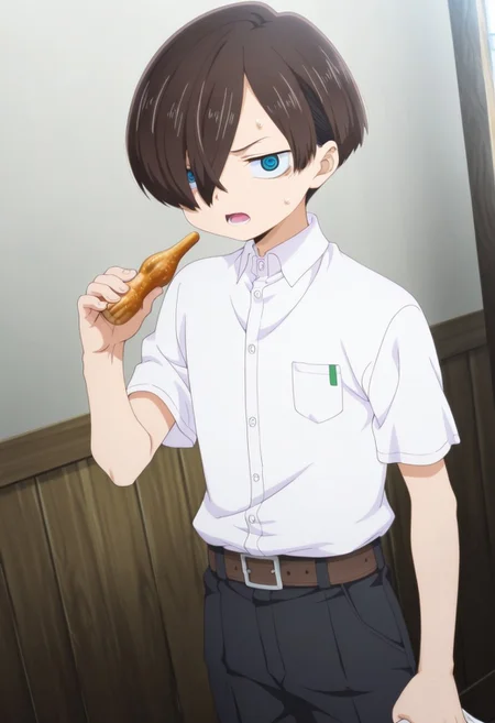 masterpiece, best quality, amazing quality, 1boy, solo, kyoutarou_ichikawa, brown hair, blue eyes, short hair, hair over one eye, bangs, anime screencap, school uniform, shirt, short sleeves, pants, belt, shirt tucked in, sweatdrop, papico, food, holding, serious, open mouth, looking at viewer, dynamic angle,