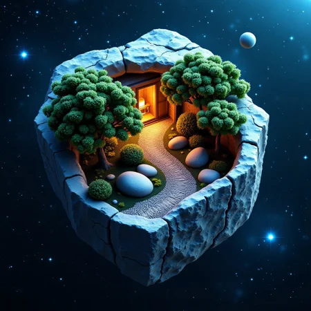 M1CR0CUB3D, aidmafluxpro1.1, A cubed asteroid hollowed into an orbital zen garden. Tiny glowing trees grow in microgravity among floating boulders and spiraling gravel. Below: a starlit observatory cut into stone, its walls tracking planetary alignments. Palette: stardust silver, deep navy, glowing greens. Style: cosmic bonsai sci-fi, quiet balance, soft glow shading.