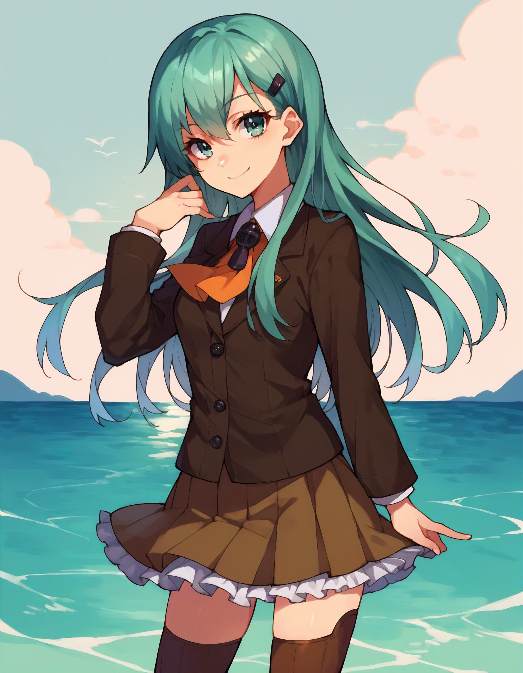 score_9,score_8_up,score_7_up,1girl,solo,cowboy shot,looking at viewer,smile,water,ocean,
<lora:kcsuzuya_ponyXLV6:0.8>,kcsuzuya,
aqua hair,long hair,aqua eyes,
hairclip,ascot,brown jacket,light brown pleated skirt,thighhighs