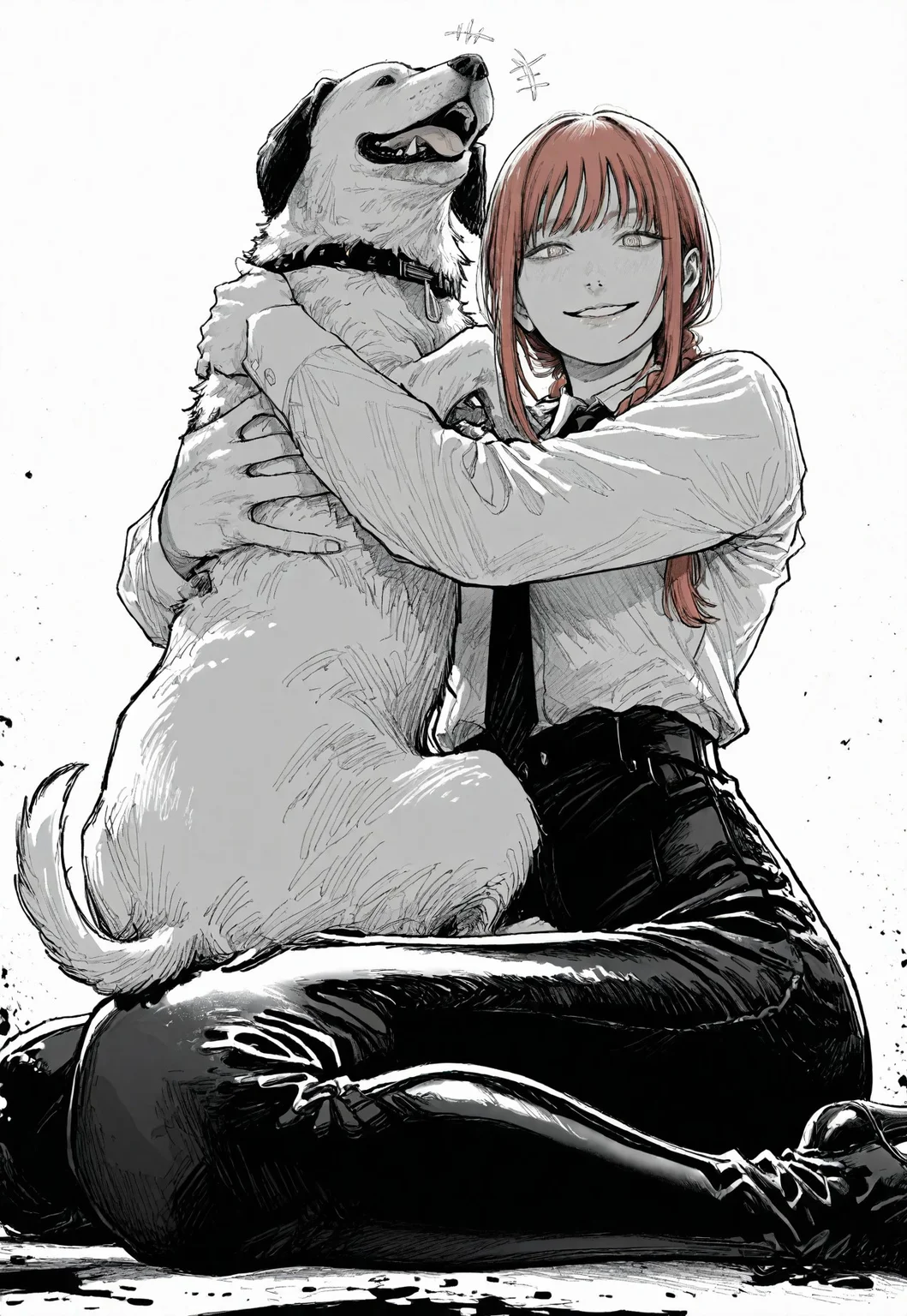 safe_pos, masterpiece, highres, absurdres, newest, very awa, white background, highly detailed, intricate, detailed clothes, perfect hands, detailed hands, monochrome, greyscale, manga, 1girl, makima/(chainsaw man), red hair, long hair, ringed eyes, shirt, black tie, black pants, tight pants, high heel boots, boots, latex boots, thighhigh boots, thigh boots, shiny footwear, holding dog in hand, lifting dog in air, happy, adoring dog, wariza, low angle, foreshortening, perspective, side view, from below, looking at viewer, blood splash red background, <lora:ponyv4_noob1_2_adamW-000017:0.2>, <lora:spo_sdxl_10ep_4k-data_lora_webui>, <lora:TA_trained:0.75>, <lora:NOOB_EPSv1_1_detailer_by_vlnvk_v0_5>, <lora:owk_bsh_yy:0.9>