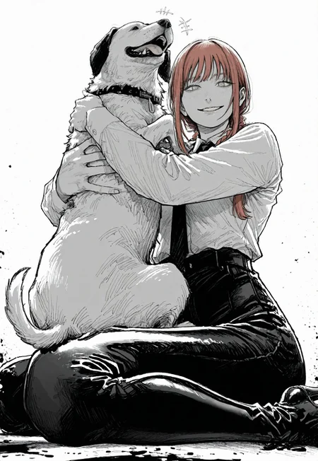 safe_pos, masterpiece, highres, absurdres, newest, very awa, white background, highly detailed, intricate, detailed clothes, perfect hands, detailed hands, monochrome, greyscale, manga, 1girl, makima/(chainsaw man), red hair, long hair, ringed eyes, shirt, black tie, black pants, tight pants, high heel boots, boots, latex boots, thighhigh boots, thigh boots, shiny footwear, holding dog in hand, lifting dog in air, happy, adoring dog, wariza, low angle, foreshortening, perspective, side view, from below, looking at viewer, blood splash red background, <lora:ponyv4_noob1_2_adamW-000017:0.2>, <lora:spo_sdxl_10ep_4k-data_lora_webui>, <lora:TA_trained:0.75>, <lora:NOOB_EPSv1_1_detailer_by_vlnvk_v0_5>, <lora:owk_bsh_yy:0.9>