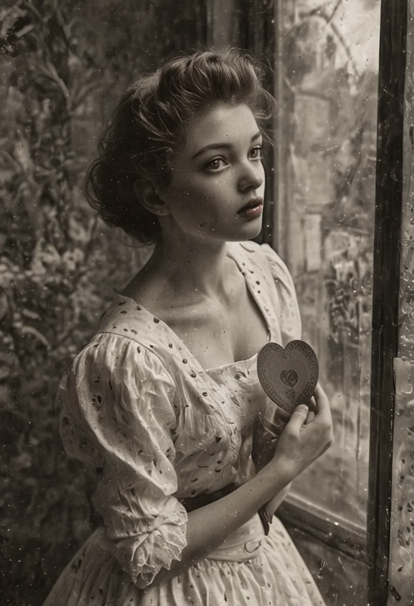 (masterpiece), (best quality), (ultra-detailed), Valentine's Day, ((B&W 35mm Vintage photo of)) 19th century, The girl is stands at the window, the girl is slender, attractive girl, her french twist haircut with a reddish tinge, her eyes are large and expressive, dark eyebrows, the girl's lips are plump, (she holds big heart-shaped card in her hands:2.1), the girl is dressed in ((a (white) loose strict modest dress with lace:1.5)), comfortable shoes with a bow on the girl's feet, the window the girl is looking through. decorated with beautiful curtains, the living room is covered with luxory light blue wallpaper, which makes the room cozy, the girl stands strong, curvy, big soft natural breasts, hourglass figure, flushed face, ultra curly dark red hair, amber eyes, sweaty skin, low key lighting, RAW photo, detailed textures, sharp focus, ultra-high pixel detail, intricate, realistic, dramatic, cinematic, high-quality, full colors, incredibly detailed, 4k, hyper-realistic, RAW photo, masterpiece, ultra-detailed, professional ((B&W)) photography, bokeh, illustration, illustration, disheveled hair, detailed eyes, perfect composition, moist skin, intricate details, earrings, Luxurious Elegance, Valentine's Day, ((B&W 35mm Vintage photo of)) 19th century, The girl is stands at the window, the girl is slender, attractive girl, her french twist haircut with a reddish tinge, her eyes are large and expressive, dark eyebrows, the girl's lips are plump, (she holds big heart-shaped card in her hands:2.1), the girl is dressed in ((a (white) loose strict modest dress with lace:1.5)), comfortable shoes with a bow on the girl's feet, the window the girl is looking through. decorated with beautiful curtains, the living room is covered with luxory light blue wallpaper, which makes the room cozy, the girl stands strong, curvy, big soft natural breasts, hourglass figure, flushed face, ultra curly dark red hair, amber eyes, sweaty skin, low key lighting, RAW photo, detailed textures, sharp focus, ultra-high pixel detail, intricate, realistic, dramatic, cinematic, high-quality, full colors, incredibly detailed, 4k, hyper-realistic, RAW photo, masterpiece, ultra-detailed, professional ((B&W)) photography, bokeh, illustration, extravagant, ornate, designer, opulent, picturesque, lavish, Baroque, Valentine's Day, ((B&W 35mm Vintage photo of)) 19th century, The girl is stands at the window, the girl is slender, attractive girl, her french twist haircut with a reddish tinge, her eyes are large and expressive, dark eyebrows, the girl's lips are plump, (she holds big heart-shaped card in her hands:2.1), the girl is dressed in ((a (white) loose strict modest dress with lace:1.5)), comfortable shoes with a bow on the girl's feet, the window the girl is looking through. decorated with beautiful curtains, the living room is covered with luxory light blue wallpaper, which makes the room cozy, the girl stands strong, curvy, big soft natural breasts, hourglass figure, flushed face, ultra curly dark red hair, amber eyes, sweaty skin, low key lighting, RAW photo, detailed textures, sharp focus, ultra-high pixel detail, intricate, realistic, dramatic, cinematic, high-quality, full colors, incredibly detailed, 4k, hyper-realistic, RAW photo, masterpiece, ultra-detailed, professional ((B&W)) photography, bokeh, illustration, dramatic, exuberant, grandeur, baroque art