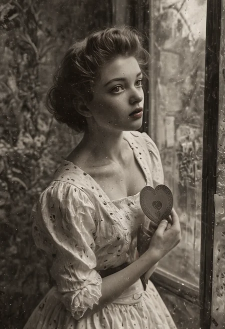 (masterpiece), (best quality), (ultra-detailed), Valentine's Day, ((B&W 35mm Vintage photo of)) 19th century, The girl is stands at the window, the girl is slender, attractive girl, her french twist haircut with a reddish tinge, her eyes are large and expressive, dark eyebrows, the girl's lips are plump, (she holds big heart-shaped card in her hands:2.1), the girl is dressed in ((a (white) loose strict modest dress with lace:1.5)), comfortable shoes with a bow on the girl's feet, the window the girl is looking through. decorated with beautiful curtains, the living room is covered with luxory light blue wallpaper, which makes the room cozy, the girl stands strong, curvy, big soft natural breasts, hourglass figure, flushed face, ultra curly dark red hair, amber eyes, sweaty skin, low key lighting, RAW photo, detailed textures, sharp focus, ultra-high pixel detail, intricate, realistic, dramatic, cinematic, high-quality, full colors, incredibly detailed, 4k, hyper-realistic, RAW photo, masterpiece, ultra-detailed, professional ((B&W)) photography, bokeh, illustration, illustration, disheveled hair, detailed eyes, perfect composition, moist skin, intricate details, earrings, Luxurious Elegance, Valentine's Day, ((B&W 35mm Vintage photo of)) 19th century, The girl is stands at the window, the girl is slender, attractive girl, her french twist haircut with a reddish tinge, her eyes are large and expressive, dark eyebrows, the girl's lips are plump, (she holds big heart-shaped card in her hands:2.1), the girl is dressed in ((a (white) loose strict modest dress with lace:1.5)), comfortable shoes with a bow on the girl's feet, the window the girl is looking through. decorated with beautiful curtains, the living room is covered with luxory light blue wallpaper, which makes the room cozy, the girl stands strong, curvy, big soft natural breasts, hourglass figure, flushed face, ultra curly dark red hair, amber eyes, sweaty skin, low key lighting, RAW photo, detailed textures, sharp focus, ultra-high pixel detail, intricate, realistic, dramatic, cinematic, high-quality, full colors, incredibly detailed, 4k, hyper-realistic, RAW photo, masterpiece, ultra-detailed, professional ((B&W)) photography, bokeh, illustration, extravagant, ornate, designer, opulent, picturesque, lavish, Baroque, Valentine's Day, ((B&W 35mm Vintage photo of)) 19th century, The girl is stands at the window, the girl is slender, attractive girl, her french twist haircut with a reddish tinge, her eyes are large and expressive, dark eyebrows, the girl's lips are plump, (she holds big heart-shaped card in her hands:2.1), the girl is dressed in ((a (white) loose strict modest dress with lace:1.5)), comfortable shoes with a bow on the girl's feet, the window the girl is looking through. decorated with beautiful curtains, the living room is covered with luxory light blue wallpaper, which makes the room cozy, the girl stands strong, curvy, big soft natural breasts, hourglass figure, flushed face, ultra curly dark red hair, amber eyes, sweaty skin, low key lighting, RAW photo, detailed textures, sharp focus, ultra-high pixel detail, intricate, realistic, dramatic, cinematic, high-quality, full colors, incredibly detailed, 4k, hyper-realistic, RAW photo, masterpiece, ultra-detailed, professional ((B&W)) photography, bokeh, illustration, dramatic, exuberant, grandeur, baroque art
