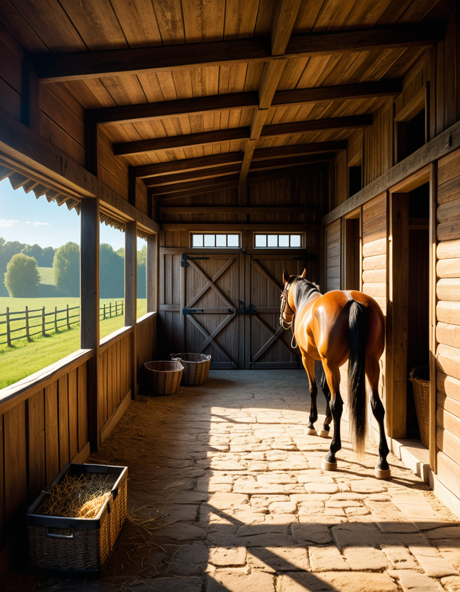 A rustic horse stable in the countryside, built with aged wooden beams and stone foundations, bathed in warm golden sunlight. The stable doors are slightly open, revealing the soft hay-covered floor inside. Horses stand calmly in their stalls, their glossy coats catching the light. Dust particles float in the air, illuminated by the sunbeams filtering through the gaps in the wooden planks. The atmosphere is serene, with a vintage, timeless feel. Weathered saddles and bridles hang neatly on the stable walls, and an old wooden cart sits nearby. The background features rolling green fields and a clear blue sky, creating a peaceful rural setting. Ultra-detailed, photorealistic, warm tones, cinematic lighting, sharp textures.
<lora:SDXLFaeTastic2400:0.4> <lora:extremely_detailed:0.4> extremely detailed,<lora:rustic_horse_st4bl3:1>,rustic horse st4bl3, Masterpiece,best quality,hi res,8k,hi res,8k,award winning,(sharp focus, intricate, highly detailed),