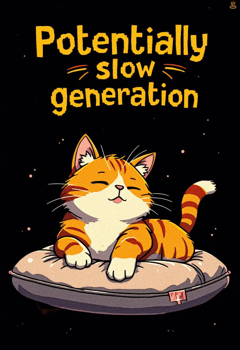text "Potentially slow generation" yellow letter on top, 
A pixelized style image of a lazy cat sitting on a black background. The cat has its eyes closed and is lying on its back. There is a cushion beside the cat. lazy cat.
text "Potentially slow generation" yellow letter on top