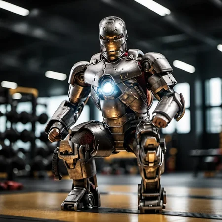 IronManMark1-1024, a robot, full body, sqauatting in a gym, highly detailed , photography, ultra sharp, film, bokeh, professional, 4k <lora:add-detail-xl:1.5> <lora:IronManMark1-1024-000330:0.8>