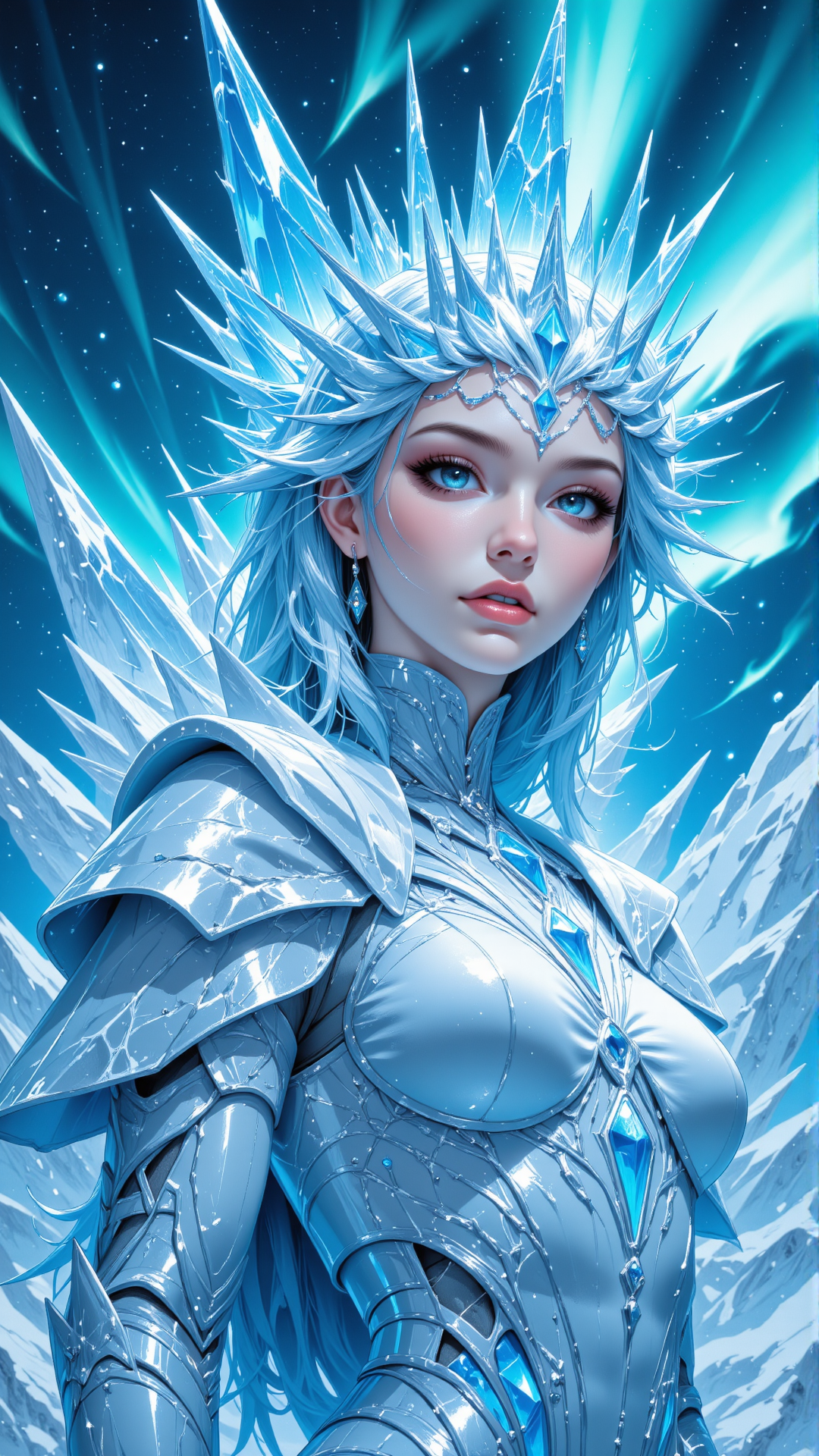 A frozen ice queen portrait of a woman in crystalline brush strokes and icy splashes, using glacier blue, frosty white, and silver, set against a glowing aurora sky,in the style of Jed-clrfl, <lora:FluxDFaeTasticDetails:0.5>, <lora:flux-colourful:0.5>, <lora:ILPonyMixv2:1>