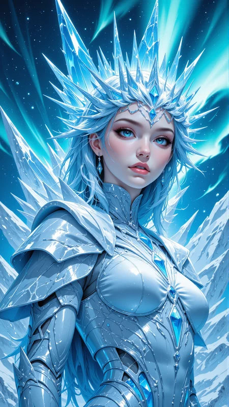 A frozen ice queen portrait of a woman in crystalline brush strokes and icy splashes, using glacier blue, frosty white, and silver, set against a glowing aurora sky,in the style of Jed-clrfl, <lora:FluxDFaeTasticDetails:0.5>, <lora:flux-colourful:0.5>, <lora:ILPonyMixv2:1>