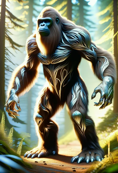 hyper detailed masterpiece, dynamic,awesome quality,DonM3lv3nM4g1cXL magic, ,sasquatch, cryptid large humanoid ape-like creature, brown fur, stands upright, , elusive, mysterious, forest-dwelling   <lora:DonM3lv3nM4g1cXL-v1.1-000006:1>
