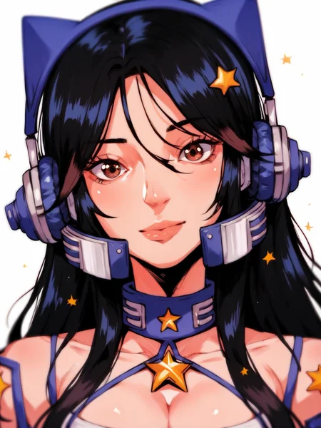 score_9, score_8_up, score_7_up, score_6_up, score_5_up, <lora:HaranikalaXLP:0.8> hara, 1girl, solo, headphones, looking at viewer, long hair, portrait, white background, star (symbol), brown eyes, simple background, black hair, cleavage, large breasts,