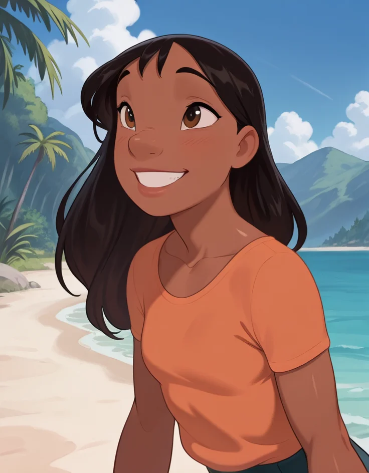masterpiece, best quality, amazing quality, very aesthetic, absurdres, newest, detailed background, cowboy shot, 4k, 8k, outdoors,
nanixd, 1girl, solo, smile, dark skin, black hair, dark-skinned female, shirt, long hair, grin, teeth, brown eyes, upper body mid
<lora:Nani_Pelekai_-_Disney_Illustrious:1>