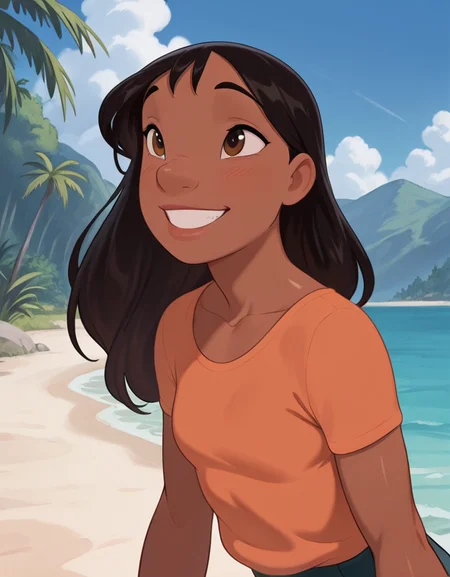 masterpiece, best quality, amazing quality, very aesthetic, absurdres, newest, detailed background, cowboy shot, 4k, 8k, outdoors,
nanixd, 1girl, solo, smile, dark skin, black hair, dark-skinned female, shirt, long hair, grin, teeth, brown eyes, upper body mid
<lora:Nani_Pelekai_-_Disney_Illustrious:1>
