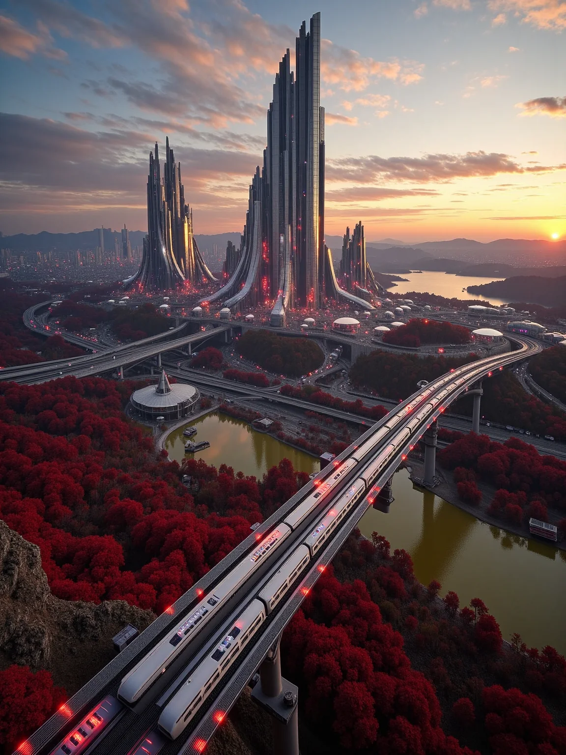 on the detailed photo we see a railroad ltrack leading up a mountain and high detail photo of a huge futuristic high-tech city on a foreign planet. in the center there is a gigantic cylinder, a structure that streches far into the sky and may be a space escalator. Public transport lines with trains on rails with red LED connect the city and cross the small lake next to the city. There are redish forests and the water of the lake is a dark yellow. sunset, vibrant colors, crystalz underexposed eerie atmosphere, desaturated muted colors ,realistic movie scene, extremely detailed, ideal for wallpaper art ultra realistic photograph <lora:ral-crystalz_flux:1> <lora:UltraRealPhoto:0.95>