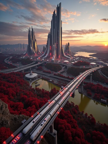 on the detailed photo we see a railroad ltrack leading up a mountain and high detail photo of a huge futuristic high-tech city on a foreign planet. in the center there is a gigantic cylinder, a structure that streches far into the sky and may be a space escalator. Public transport lines with trains on rails with red LED connect the city and cross the small lake next to the city. There are redish forests and the water of the lake is a dark yellow. sunset, vibrant colors, crystalz underexposed eerie atmosphere, desaturated muted colors ,realistic movie scene, extremely detailed, ideal for wallpaper art ultra realistic photograph <lora:ral-crystalz_flux:1> <lora:UltraRealPhoto:0.95>