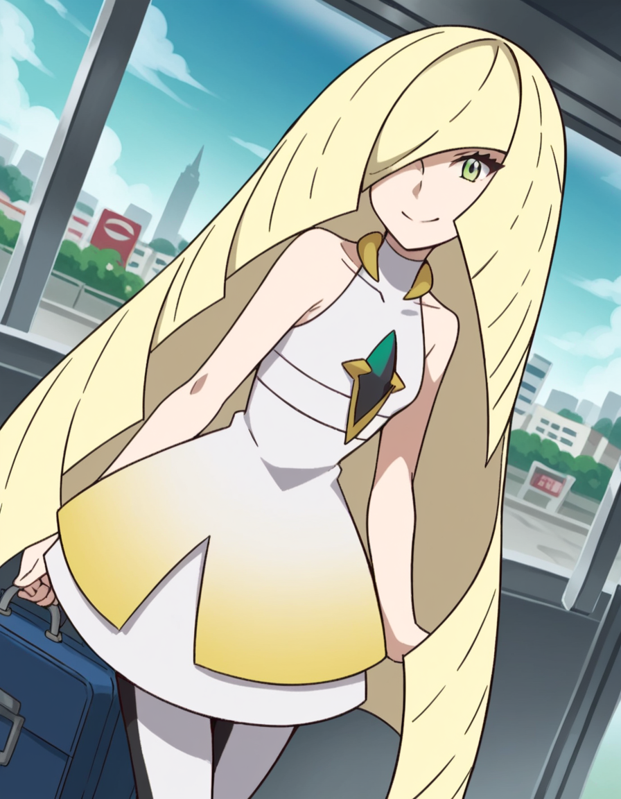 score_9, score_8_up, score_7_up, source_anime, <lora:pokemon-lusamine-anime-ponyxl-lora-nochekaiser:1>, pokemonlusamine, blonde hair, green eyes, hair over one eye, long hair, multicolored hair, streaked hair, very long hair,, bare arms, diamond (shape), dress, gem, green gemstone, leggings, short dress, sleeveless, sleeveless dress, white dress, white leggings,, train station, waiting for train, suitcase, traveling, commute, city skyline, smile, looking at viewer, solo,, cowboy shot, dutch angle