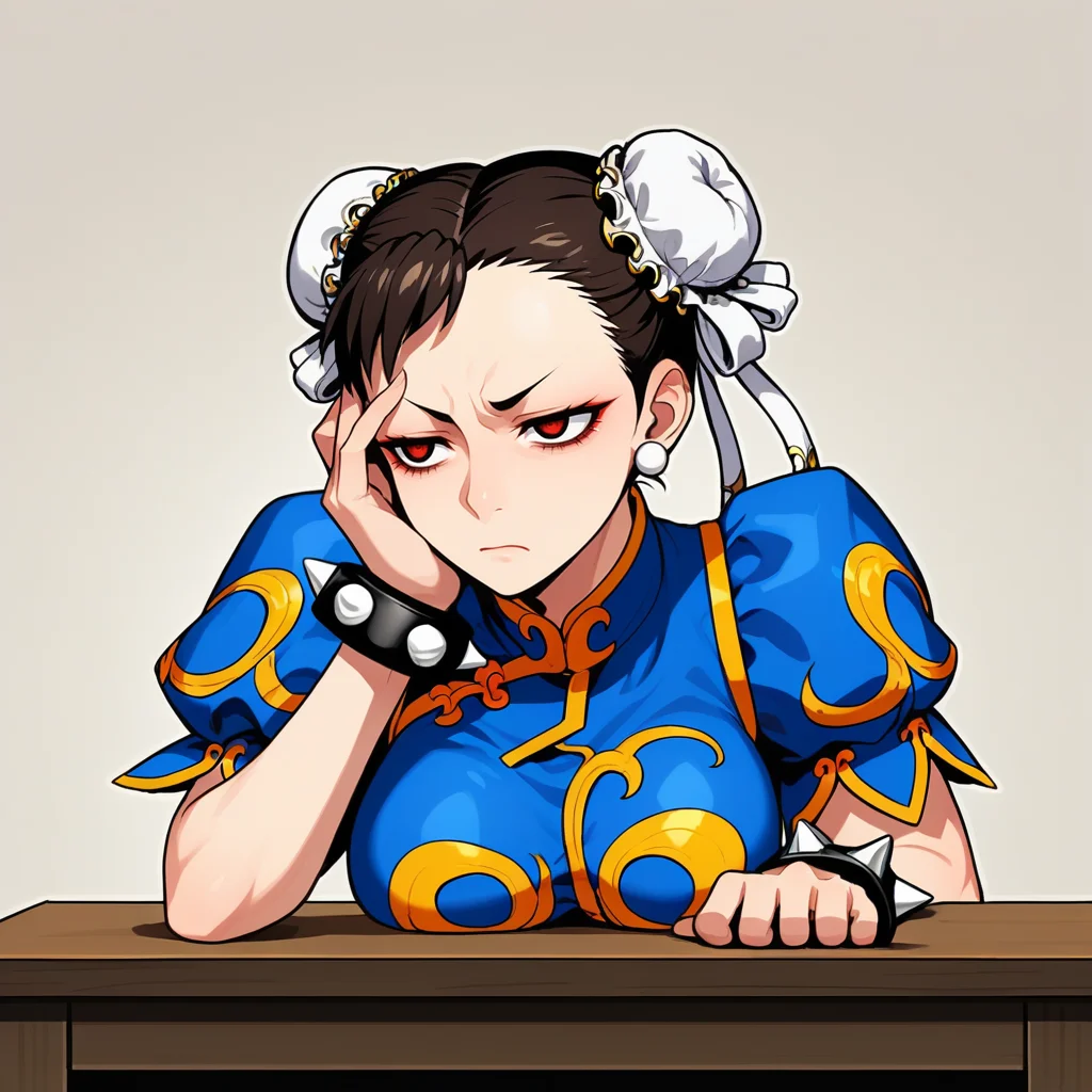 score_9, score_8_up, score_7_up, score_6_up, score_5_up, score_4_up, zPDXL2,source_anime,rating_questionable, 1girl, solo, chun li,hand on forehead, hunched over desk, shadowed eyes, defeated expression, tired, <lora:Stressed:0.8> str3ss,