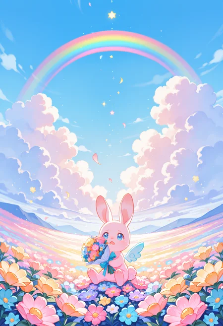 (incredibly_absurdres, amazing_background, best quality, pastel_colors, bright_colors, colorful, soft_colors, sparkle, shiny, glowing, fantasy, star_(symbol), detailed_background, detailed_eyes, stylized, watercolor_(medium))
(SNRA-Illu, flower, cloud, no humans, blue eyes, rainbow, outdoors, bouquet, holding, sky, open mouth, petals, > <, sitting, field, flower field, tears, crying, day, bow, holding bouquet, cloudy sky, blue sky, wings, rabbit)
