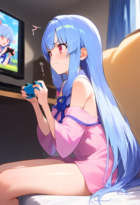 <lora:aoi_pony_v1:1>, score 9, score 8 up, score 7 up, source anime, kotonoha aoi, indoors, playing games, leaning forward, frustrated, sitting, sweat,
