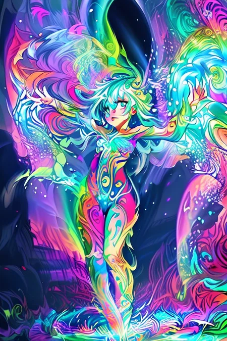 A shaman girl dances in the snow, beats a tambourine. The night sky with the aurora borealis (An image with very contrasting and vivid psychedelic colors) (OverallDetail, DaSa, psychedelic)