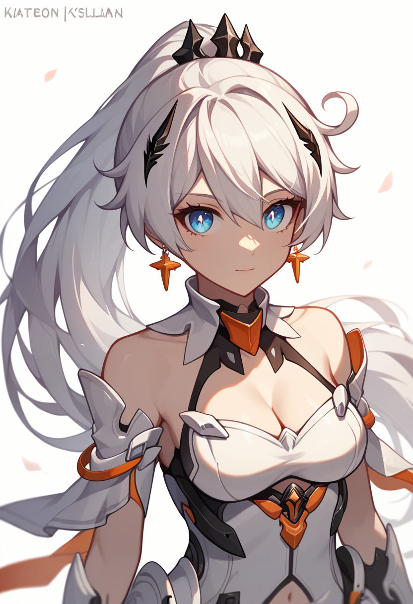 score_9,score_8_up,score_7_up,<lora:honkai_impact_3rd_v1:0.8>,1girl, ahoge, armor, artist_name, bare_shoulders, blue_eyes, character_name, cleavage, earrings, hair_ornament, kiana_kaslana_\(herrscher_of_flamescion\), long_hair, looking_at_viewer, ponytail, simple_background, solo, upper_body, watermark, white_background, white_hair