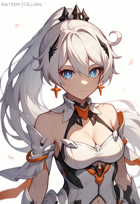 score_9,score_8_up,score_7_up,<lora:honkai_impact_3rd_v1:0.8>,1girl, ahoge, armor, artist_name, bare_shoulders, blue_eyes, character_name, cleavage, earrings, hair_ornament, kiana_kaslana_\(herrscher_of_flamescion\), long_hair, looking_at_viewer, ponytail, simple_background, solo, upper_body, watermark, white_background, white_hair
