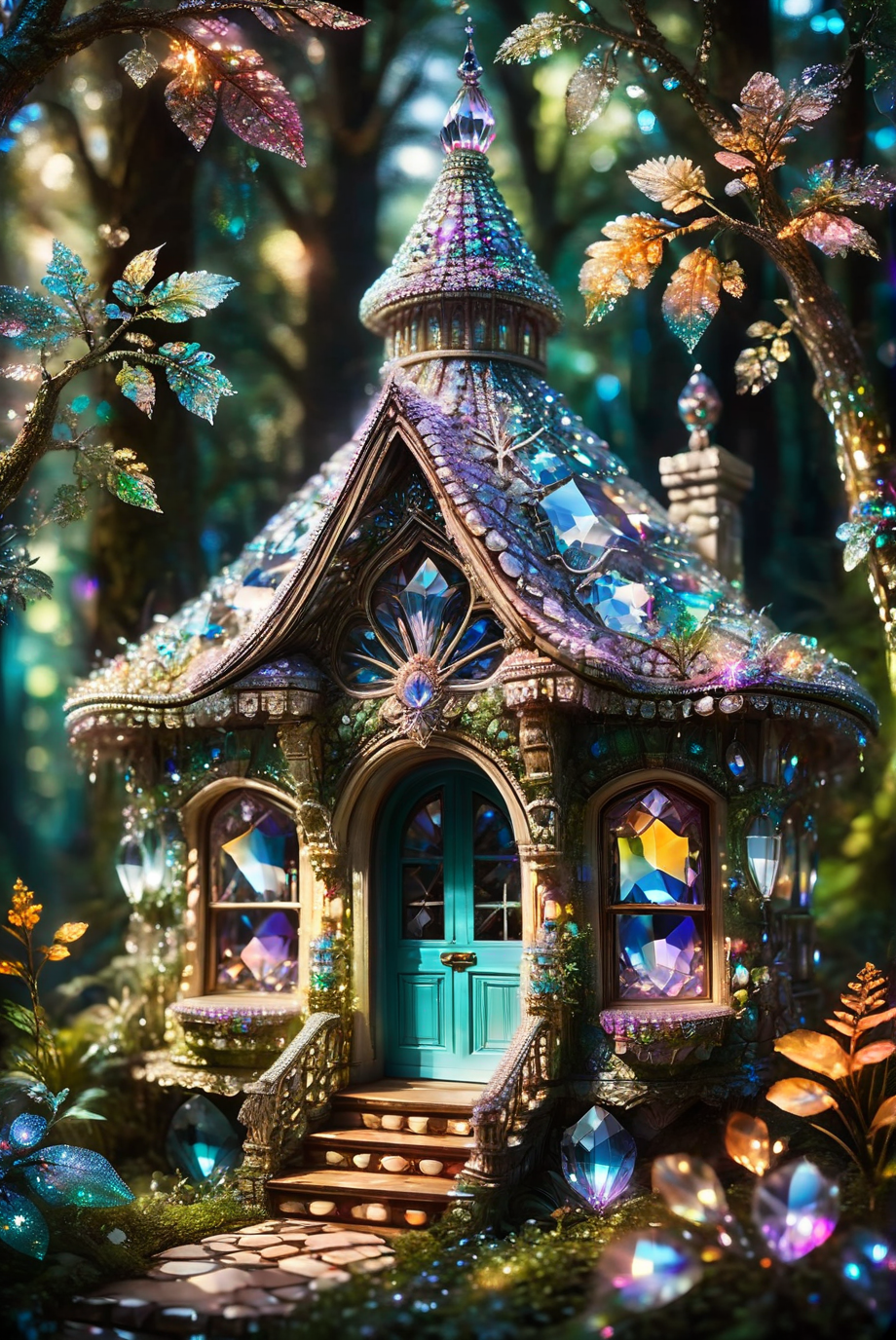 A close-up view of a luxurious crystal cottage captured using tilt-shift photography. The vibrant, iridescent cottage is nestled in a lush forest, creating a fantastical and dreamlike scene. The intricate details of the crystal structure are highlighted, and the vibrant colors shimmer and glow. The surreal and magical atmosphere is enhanced by the blurred background, making the crystal cottage stand out as a focal point of enchantment in the forest.
luxurious crystal cottage, close-up view, tilt-shift photography, vibrant, iridescent, nestled in forest, lush greenery, fantastical, dreamlike, intricate details, shimmering, glowing, surreal, magical atmosphere, blurred background, hyper-realistic, enchanting, vivid colors, ethereal, captivating, luminous, sparkling, forest setting, fairy tale-like, rich textures, detailed craftsmanship, mystical, opulent.
<lora:ral-swarcrystl-sdxl:1.0> ral-swarcrystl,
<lora:add-detail-xl:1.0>,
<lora:EnvyBetterHiresFixXL01:1.0>,
<lora:extremely_detailed:1.0>, extremely detailed,
<lora:EldritchMixIllustration_1.1:0.25>,
<lora:SDXLFaeTastic2400:0.6>,