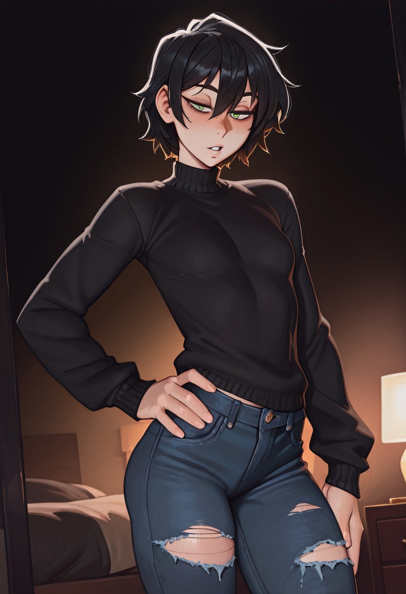 masterpiece, best quality, newest, absurdres, highres, dark lighting, pixelsketcher, solo,
1girl, tomboy, androgynous, small breasts, 
Andrew Graves, black hair, short hair, green eyes, 
black sweater, denim, ripped jeans, 
sexy, seductive, bedroom eyes, parted lips, hand on hip, 
bedroom, standing,