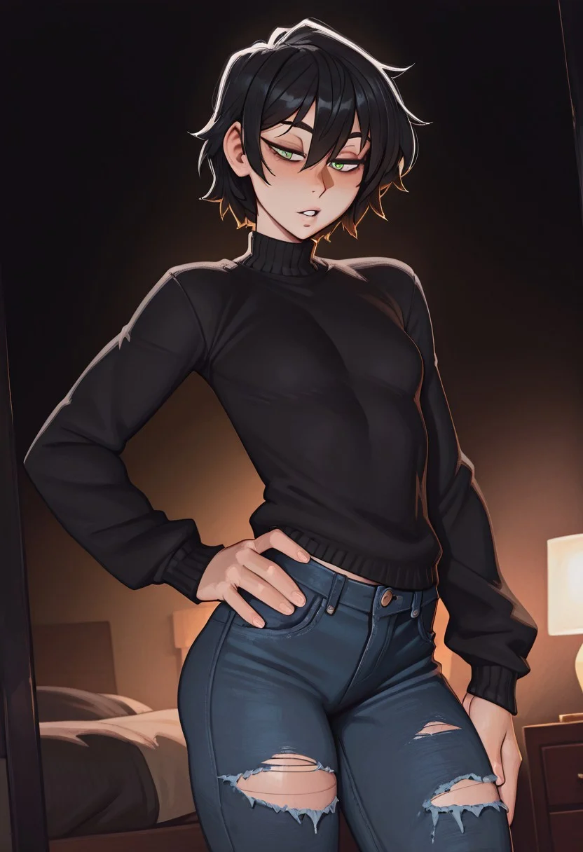 masterpiece, best quality, newest, absurdres, highres, dark lighting, pixelsketcher, solo,
1girl, tomboy, androgynous, small breasts, 
Andrew Graves, black hair, short hair, green eyes, 
black sweater, denim, ripped jeans, 
sexy, seductive, bedroom eyes, parted lips, hand on hip, 
bedroom, standing,