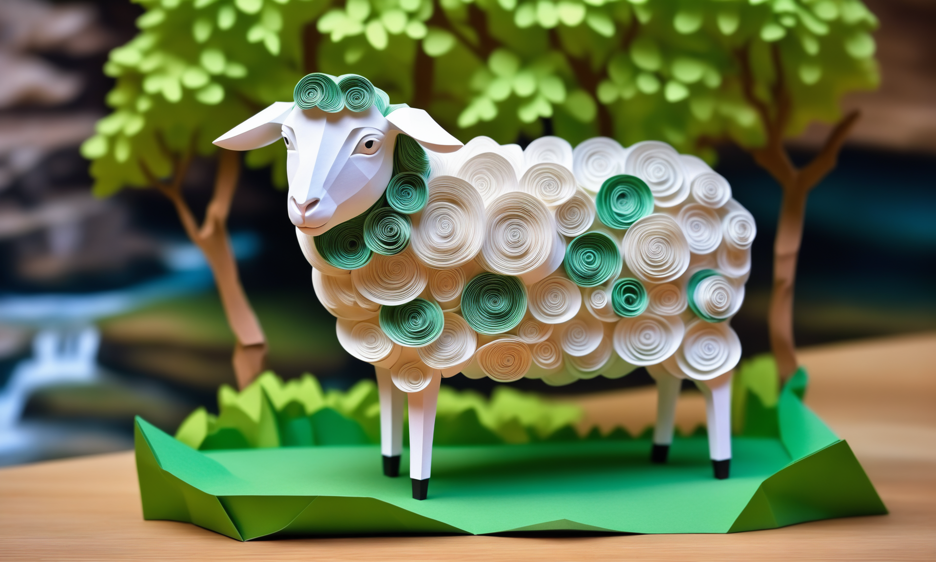 origami style <lora:papercarvingcd_xl-000005:0.6>,a handmade sculpture of a sheep made of papercarvingcd_xl in office scene,full body,scenery,tree,river,stone,lawn,miniature,tilt-shift,indoors,chinese zodiac,wooden table,cutie,cute,still life,animal statue,front view,facing viewer,looking at viewer,8K,HDR,UHD,masterpiece,best quality,highly detailed,high resolution,finely detail,extremely detailed,ultra detailed,wallpaper . paper art, pleated paper, folded, origami art, pleats, cut and fold, centered composition