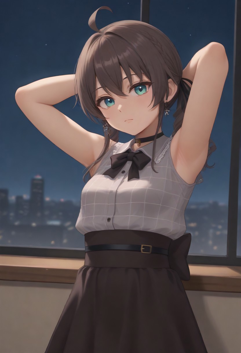 1girl, solo, solo focus, highres, absurdres, MatsuriMineGirl, brown hair, bangs, ahoge, twintails, black ribbon, hair between eyes, hair ribbon, flower earrings, blue eyes, medium hair, drill hair, braid,
small breasts, grey shirt, black choker, brown skirt, shoulder cutout, collared shirt, black bowtie, lace sleeves, plaid shirt, high-waist skirt, puffy short sleeves, 
looking at viewer, expressionless, closed mouth, head tilt, arms up, from side,
indoor, cityscape, neon lights, window, dark, night, night sky, 
light particles, backlighting, shade, light rays, lens flare, shiny skin, fine fabric emphasis,
