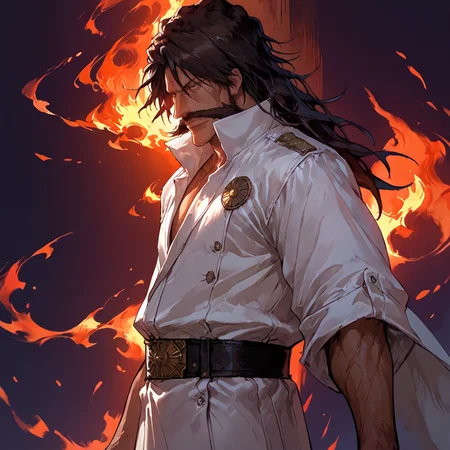 score_9, score_8_up, score_7_up, score_6_up, score_5_up, score_4_up,
1man, pronounced cheekbones, white uniform, huge mustache, broad chin, dark brown hair, long black hair, long nose, 1man, brown eyes, a single large button, black belt, masterpiece, high quality, detailed, Pony-NPDXL3, close-up, from side, <lora:yhwach:1> looking to the side, fire in the background <lora:Fant5yP0ny:1>